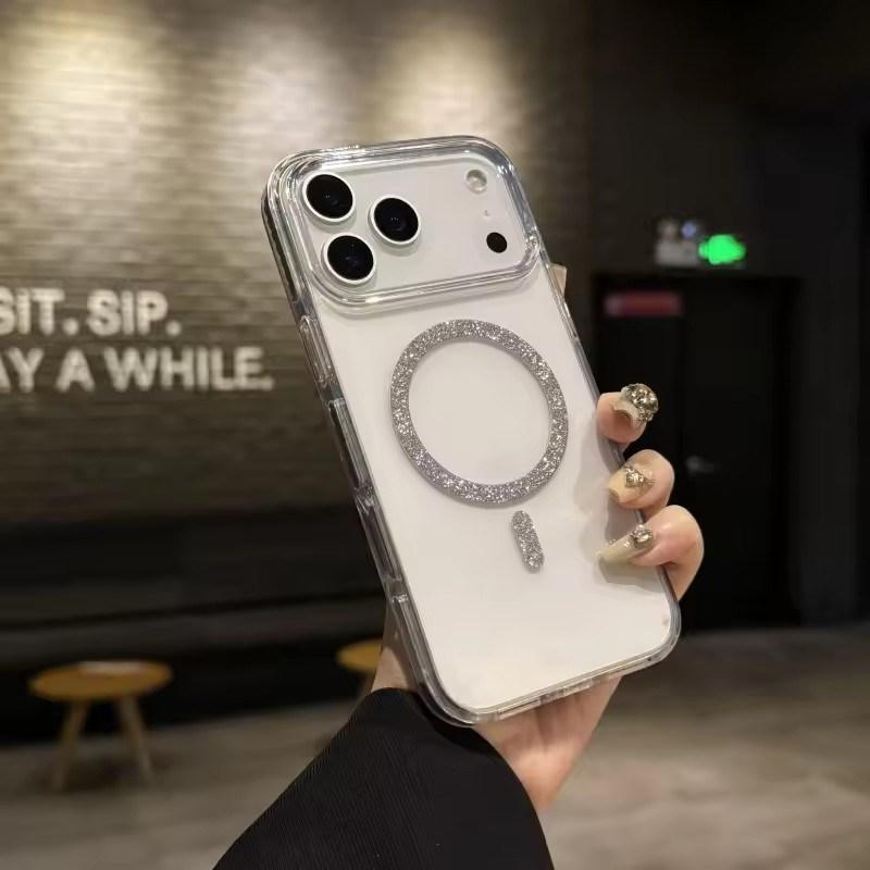 Luxury Glitter Bling For Magsafe Wireless Charge Circle Phone Case For iPhone11 12 13 14 15 16 17 Pro Max Plus 16e Clear Cover