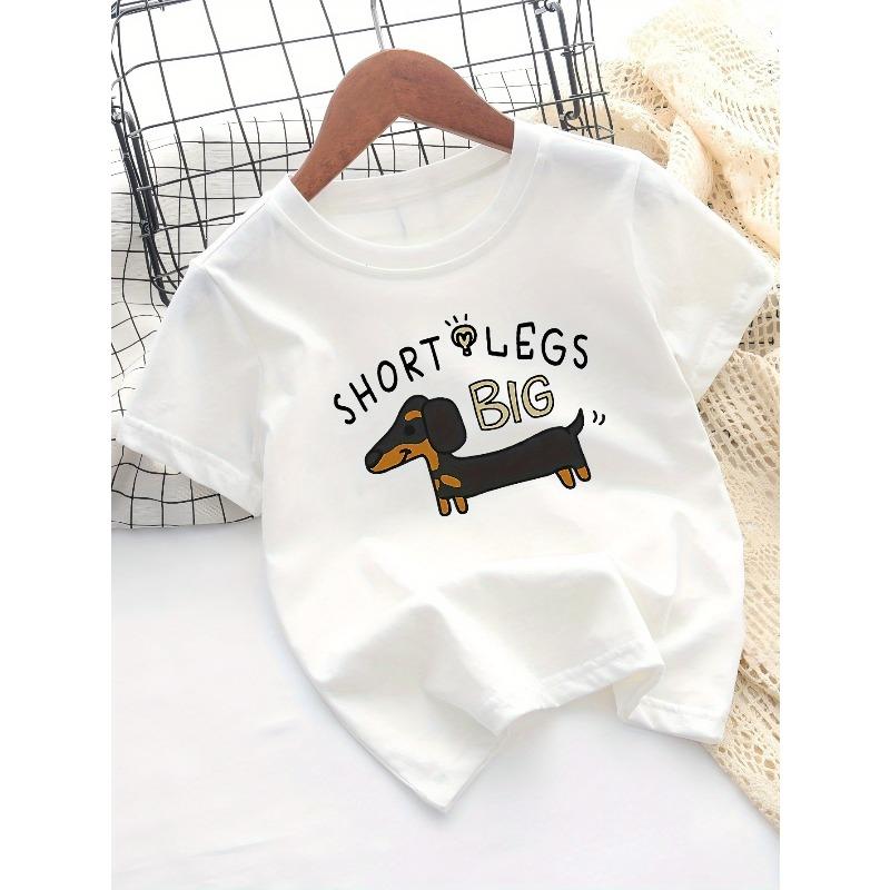 European Size Childrens Crew-neck Short-sleeved T-shirt with Sausage Dog Pattern Print