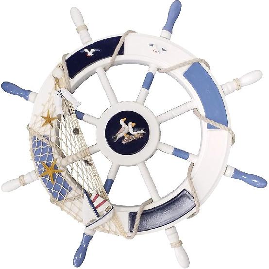 Nautical Ship Wheel Wall Decor, 18 In, White and Turquoise, Beach Theme with Seashells and Fish Net (11 Inch Crack Finishing)