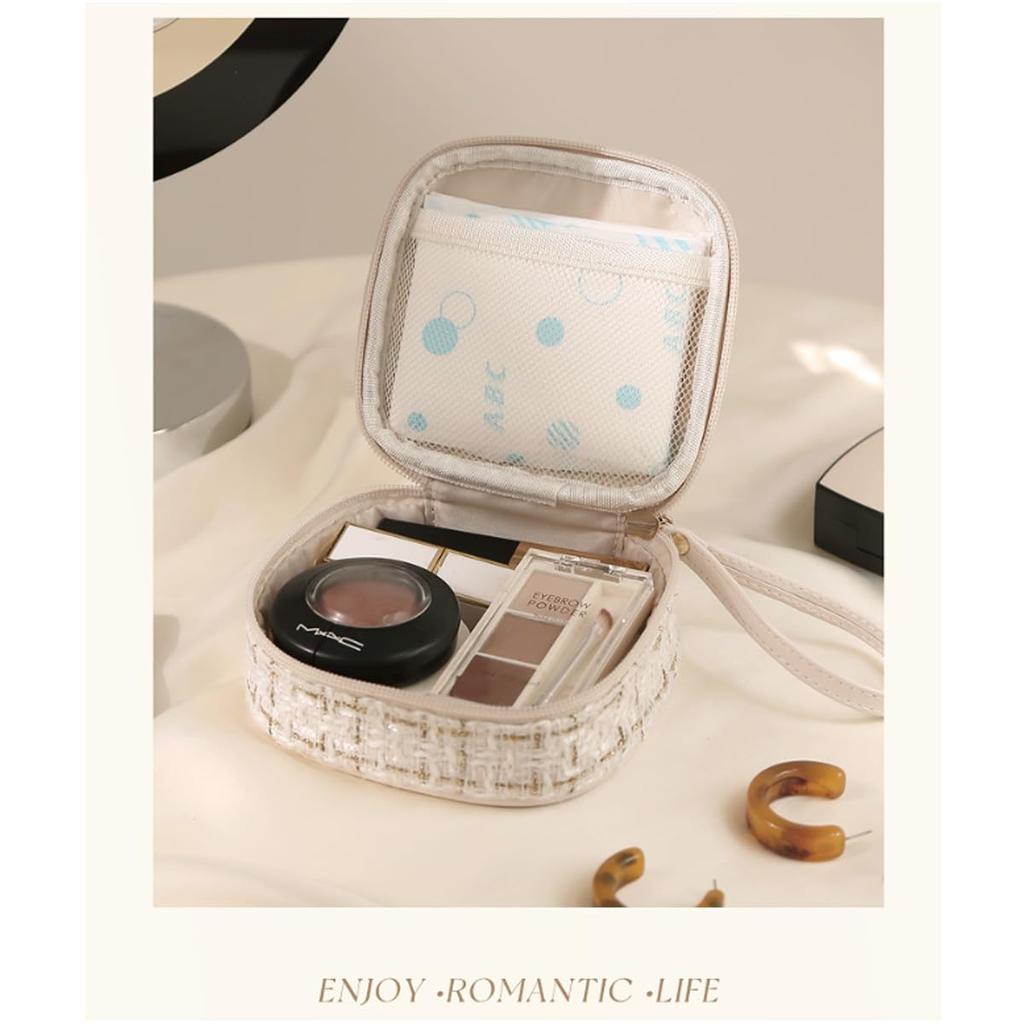 Cute Cosmetic Pouch for Women, Makeup Pouch with Small Organizer, Large Capacity, Full Makeup Storage, Travel, Portable Mini Pouch (White)