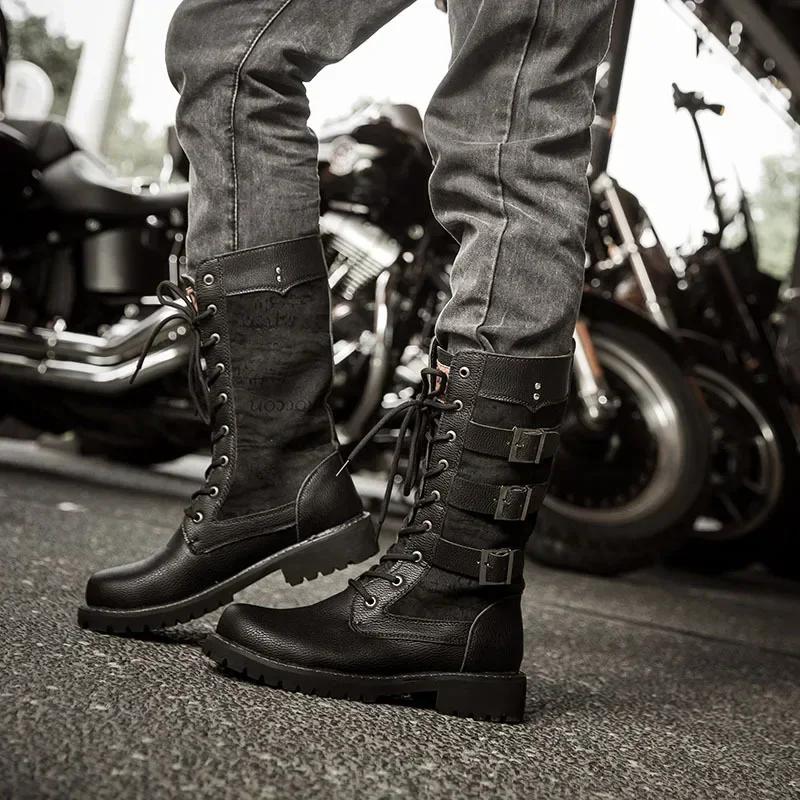 Luxury Men's Shoes Fashion Motorcycle Boots Outdoors High-top Lace Up Men's Boots British Comfortable Hiking Shoes Botas Hombre