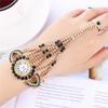 Ladies Quartz Wristwatch with Finger Ring Women  Bracelet Vintage Bangle Rhinestone Watch