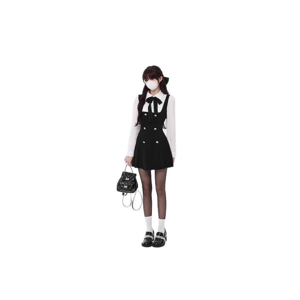 2025 New College Style Slimming French Autumn Bow Long Sleeve Two-Piece Dress