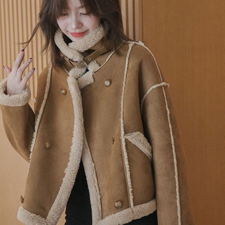 

Маленькая толстая дубленка из овчины - Короткая, свободного кроя, на флисовой подкладке для осени/зимы 2025 XL 130-145 cm хаки