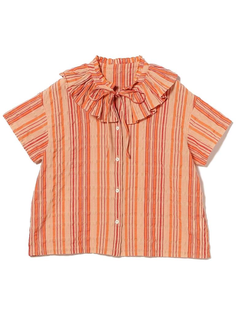Beams Boy Women's Striped Ruffle Short Sleeve S/S Shirt, Pink Free