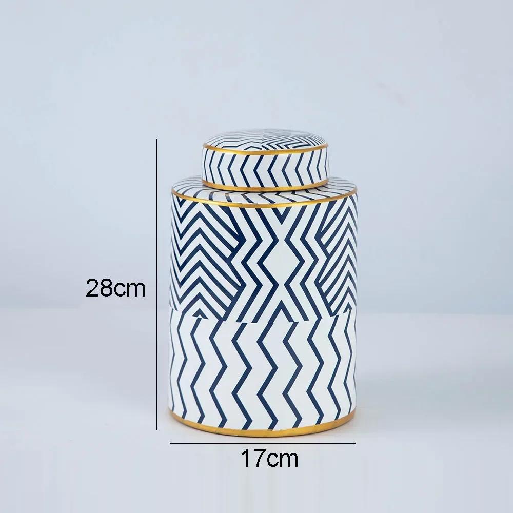 

Geometric Stripe Ceramic Storage Jars with Lid Porcelain Vase Flower Arrangement Desk Decoration Cosmetic Tank Modern Decor