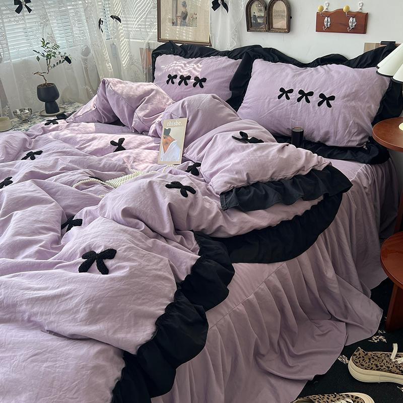 Korean Princess Style Kawaii Girl Black Bow Bedding Set Skin-friendly Soft Duvet Cover Set Bed Sheet Or Bed Skirt Pillowcases