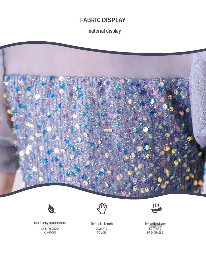 Girls' Sequin Puff Sleeve Princess Dress - Long Mesh Flower Girl Wedding Summer Formal Attire