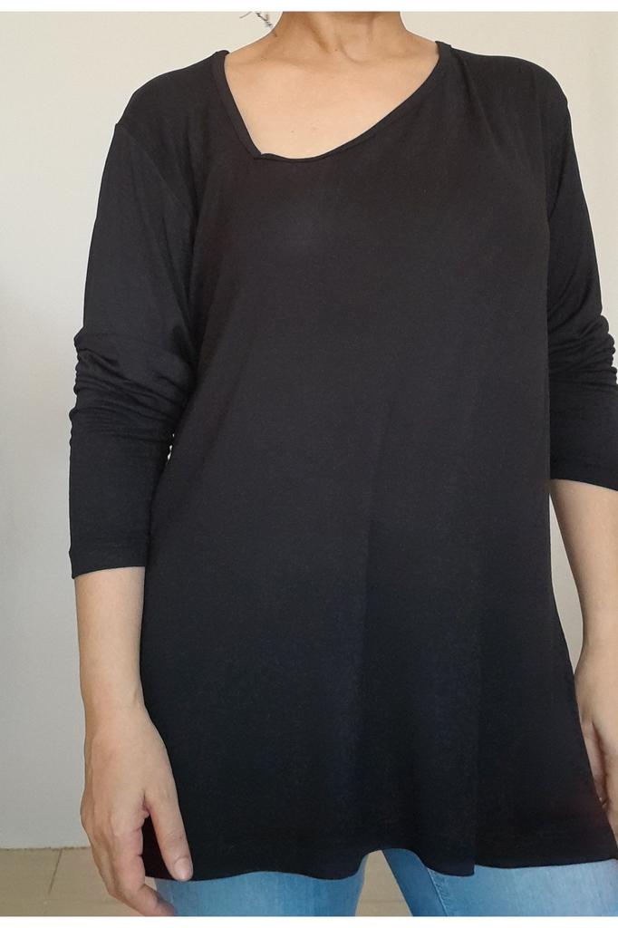 Damen Stil Große Größe T-Shirt Schwarz Seite V-Ausschnitt Gekämmte Baumwolle Viskose T-Shirt