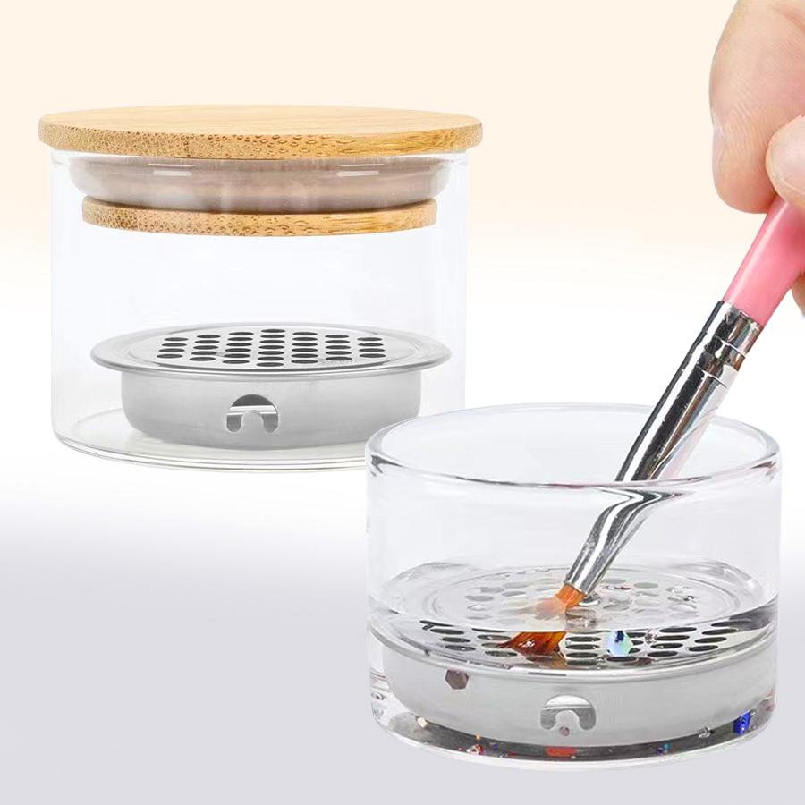

Mesh Filter Nail Brush Cleaner Cup for Cleaning Gel Polish & Acrylic Brushes, Glitter Removal, Transparent Glass Storage Container чистый