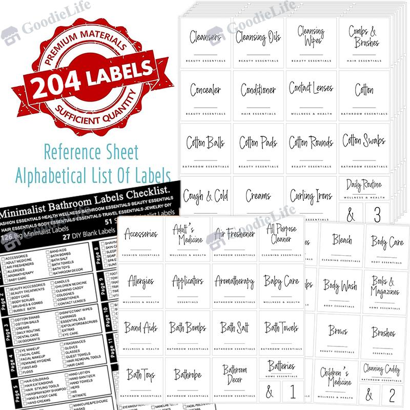 Waterproof Bathroom Stickers 189pcs Black Oil Resistant Labels for Storage and Cosmetic Categorization