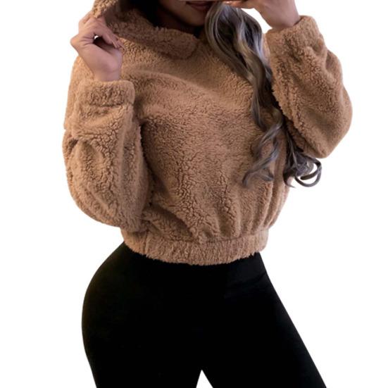 

Модная женская однотонная флисовая кофта с длинным рукавом, толстовка с капюшоном, короткая толстовка M кофейный
