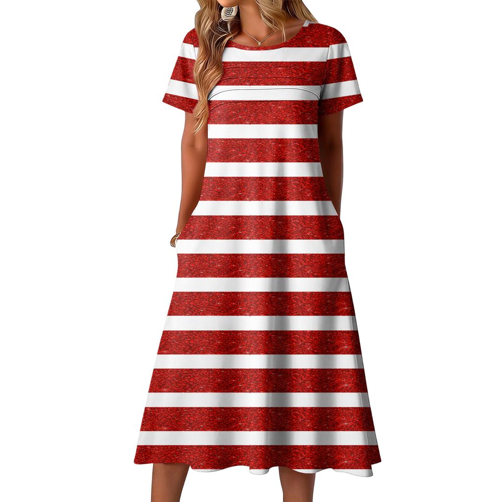 Ladies' Striped Printed Casual and Fashionable Short Sleeved Round Neck Dress