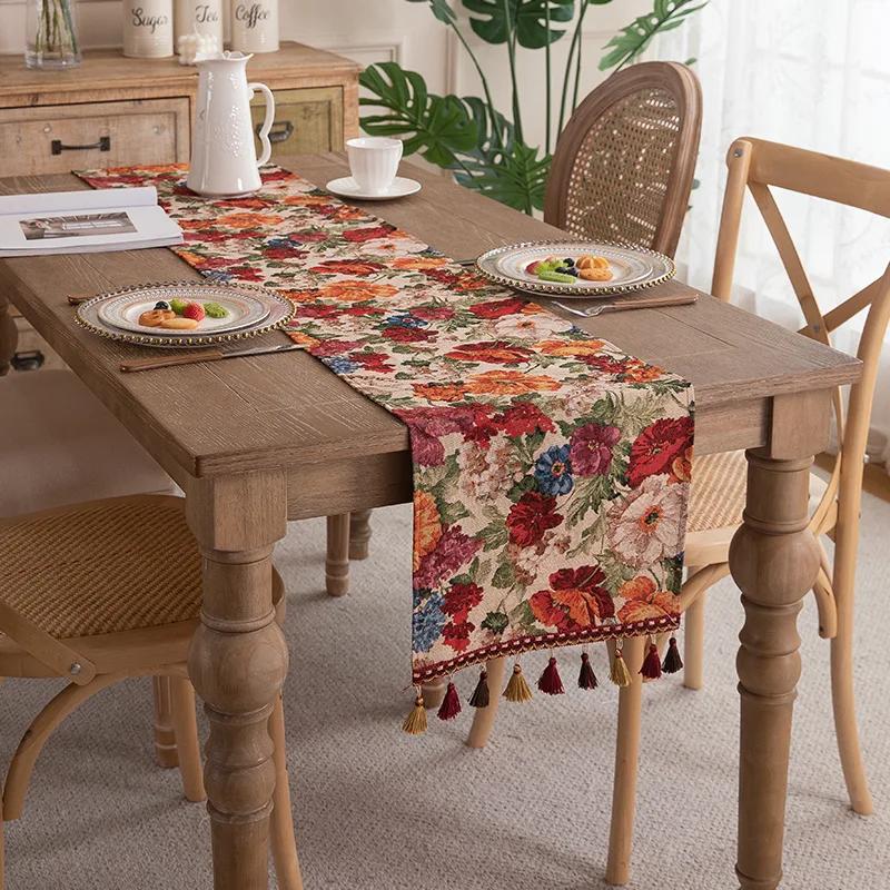 Floral Table Runner Spring Vintage Rose with Leaves Tassels Farmhouse Table Runners Decor for Dining Kitchen Table Wedding