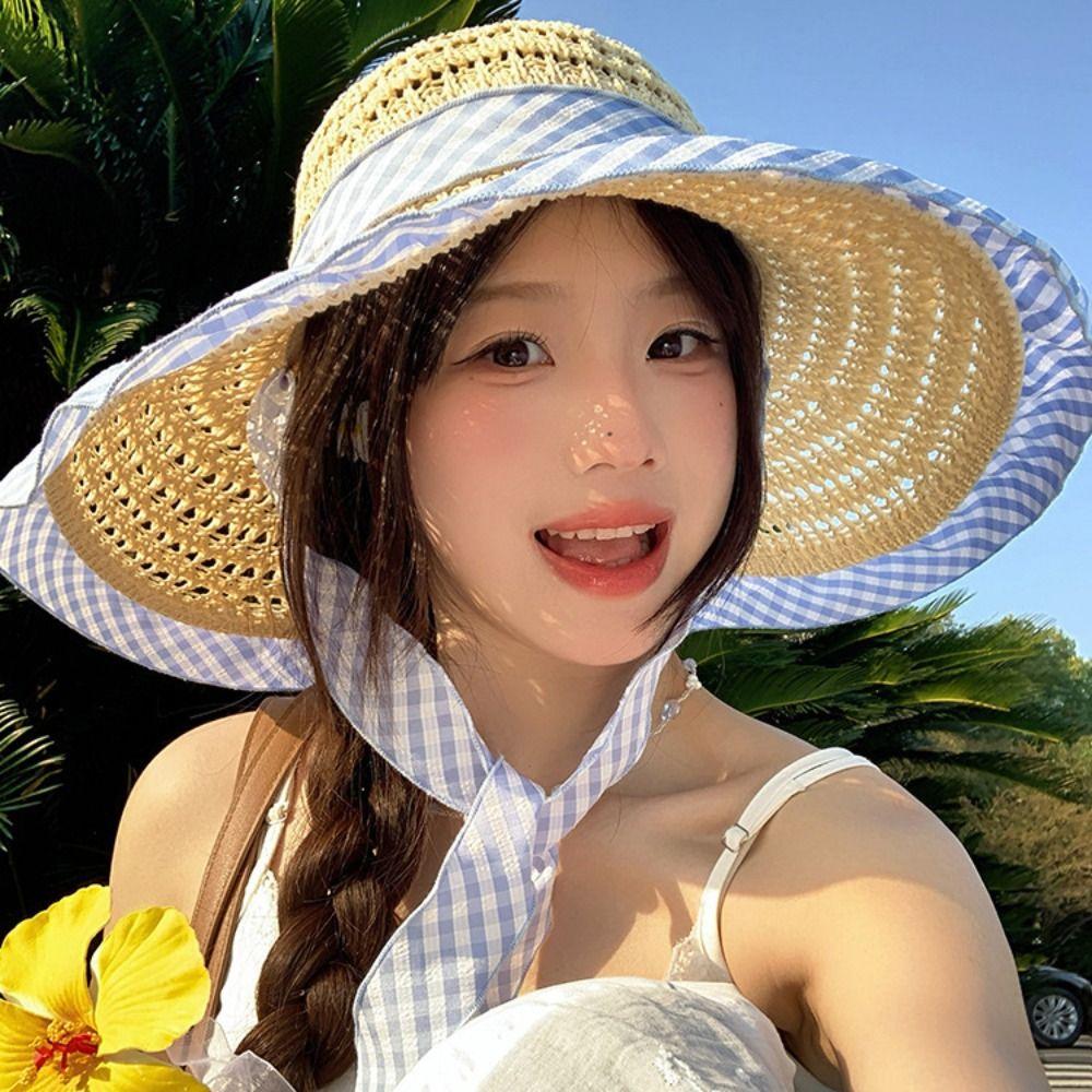 Blue Grid Woven Hat Wide Brim Fisherman Hat Fashion Sun Cap Summer