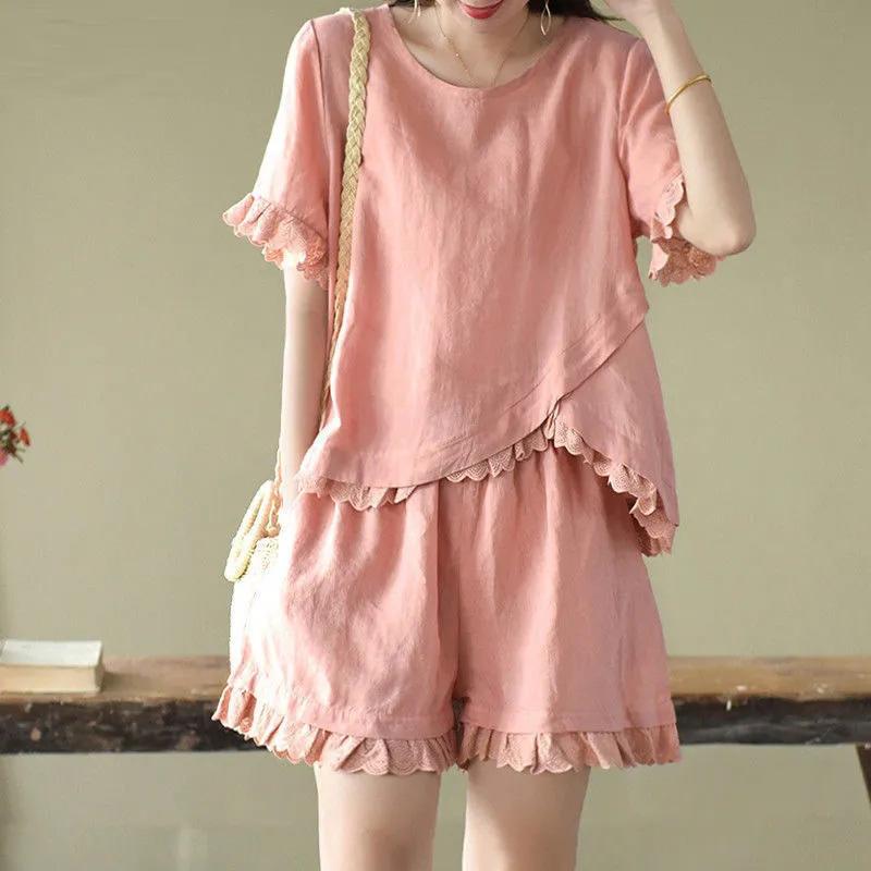 2PC Cotton Suit Women Summer Comfortable Short-sleeved Loose T-shirt Wide Leg Shorts Two-piece Set
