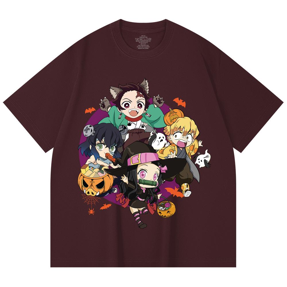 

230 Gsm 100% Cotton Demon Slayer V111 Halloween Print Unisex Heavy Cotton T Shirt 2XL вина червоного кольору