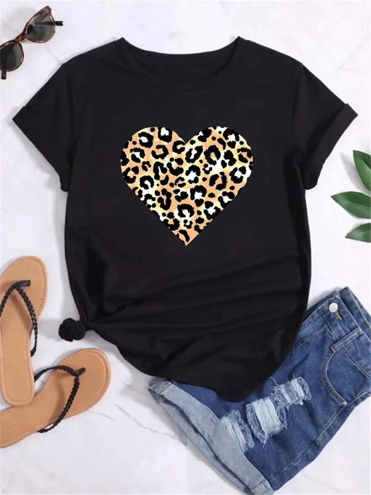 Funny Leopard Heart Print T Shirt for Women Clothing Casual Short Sleeves T-shirt Fashion Streetwear Crew Neck Female Shirts