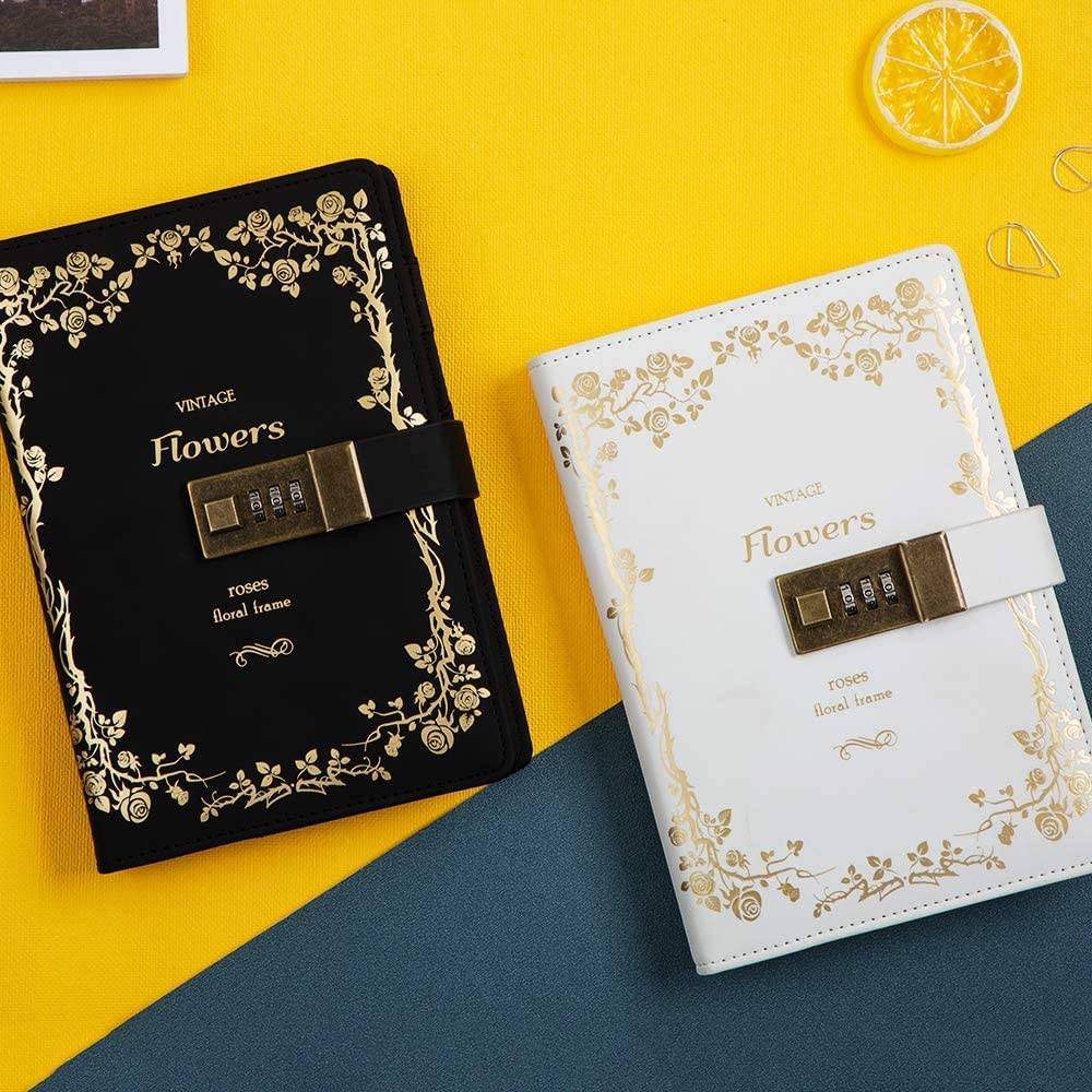 CAGIE Lockable PU Refillable Lockable Password Business System Memo Schedule White Notebook, Leather, Diary, Diary, Girl's Diary, Holder, Planner,