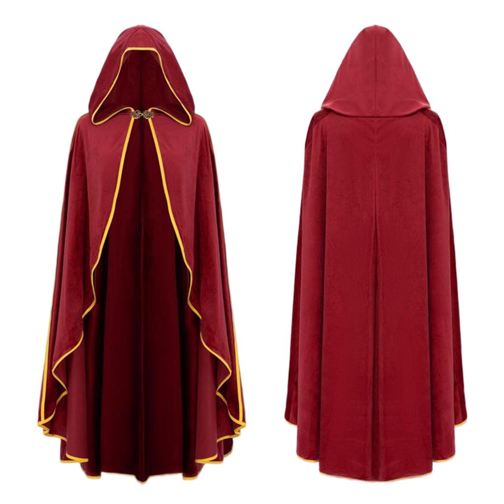 Women's Costume Cape with Hood Faux Vintage Gold Trim 6 Colors for Halloween Party