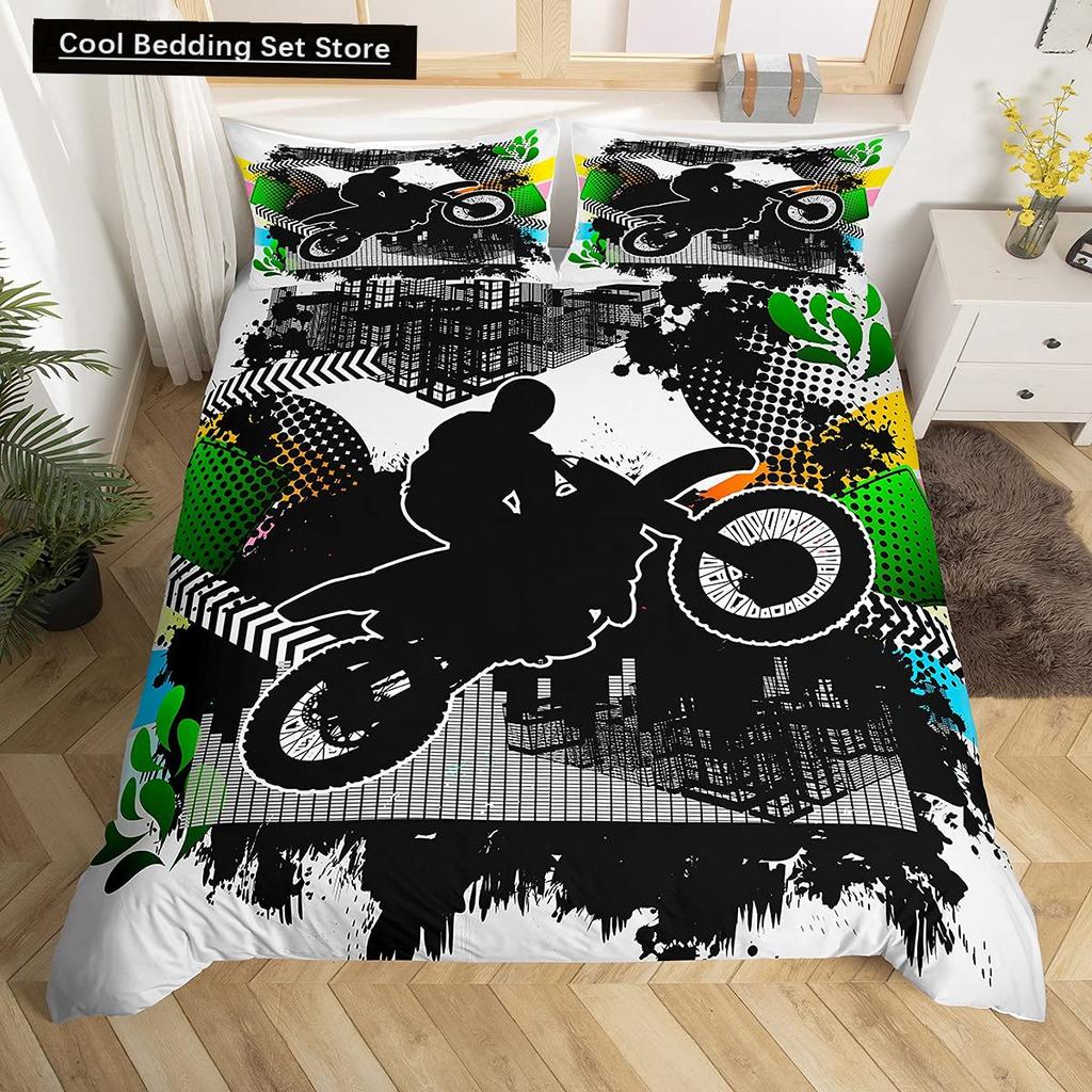 Dirt Bike King Queen Duvet Cover Motocross Sports Bedding Set Motorcycle Quilt Cover Youth Cool Black White Soft Comforter Cover