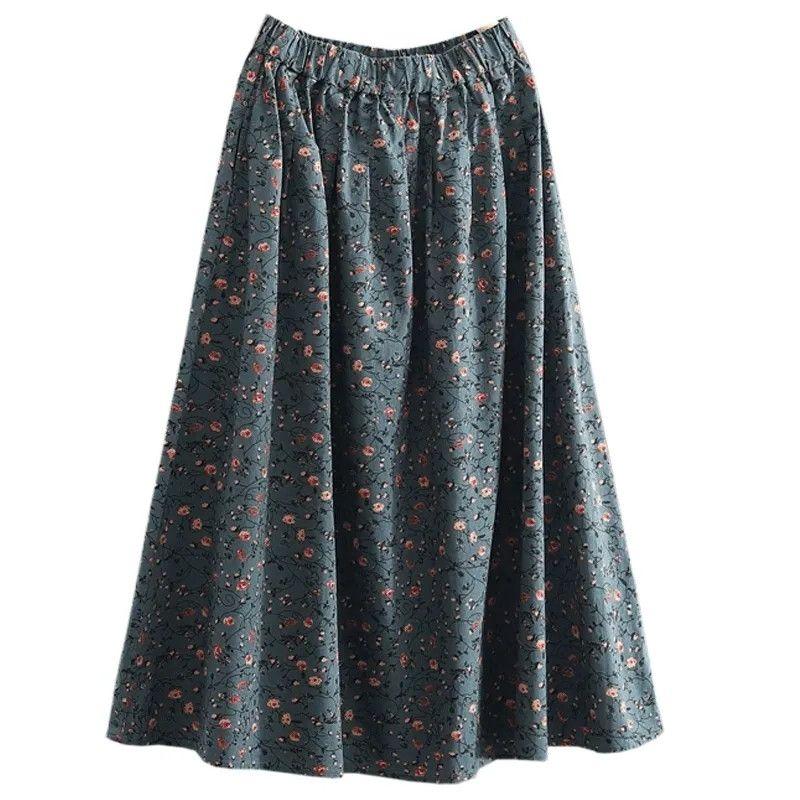 Artistic Retro Ethnic Style Small Floral Half Skirt Plus Size Women's Printed Medium Long A-line Skirt Summer