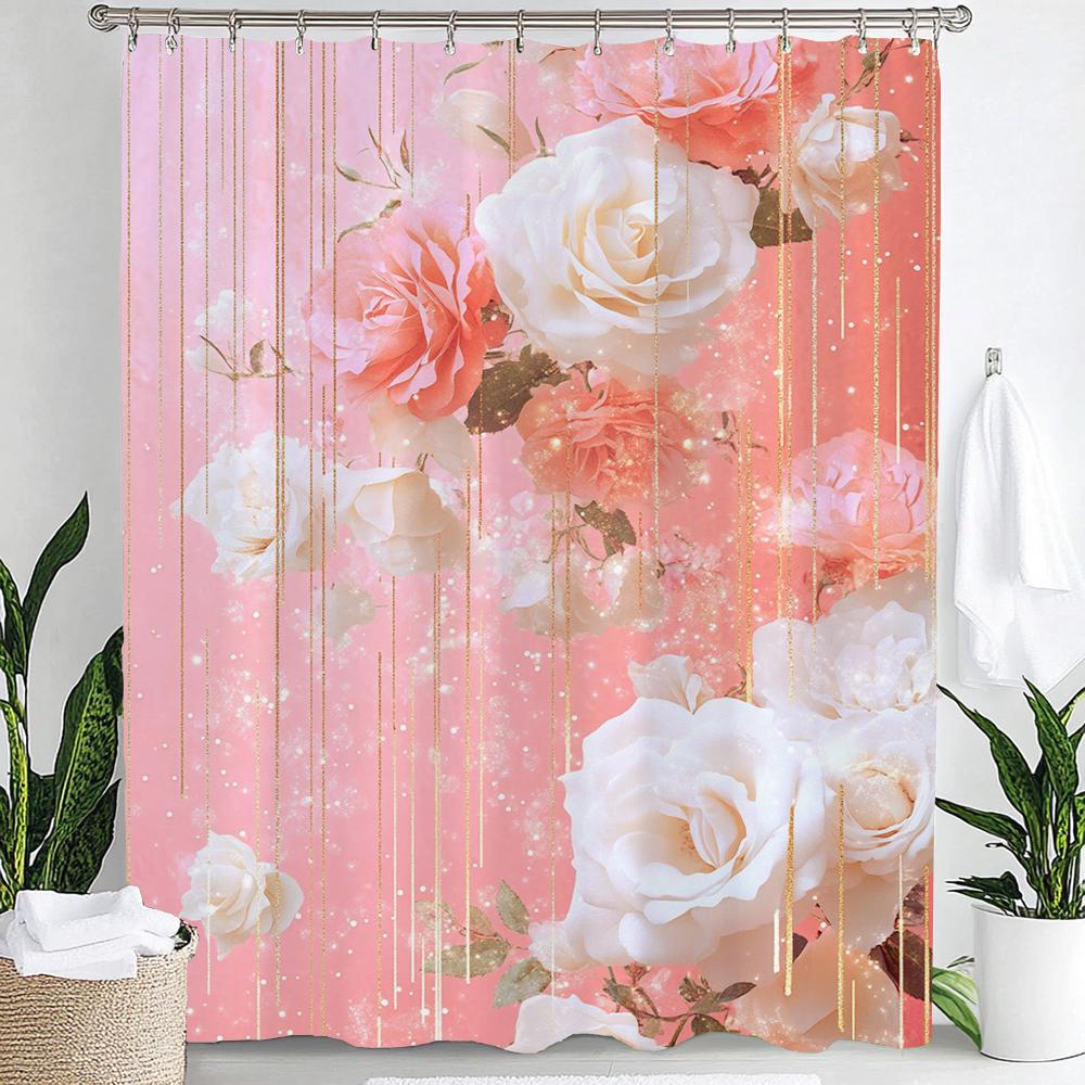 Rosa Blumen Duschvorhang für Damen, Braut, Hochzeit, Rosa Blumen, Romantisch, Geeignet für Mädchen, Hängender Vorhang Mit Haken