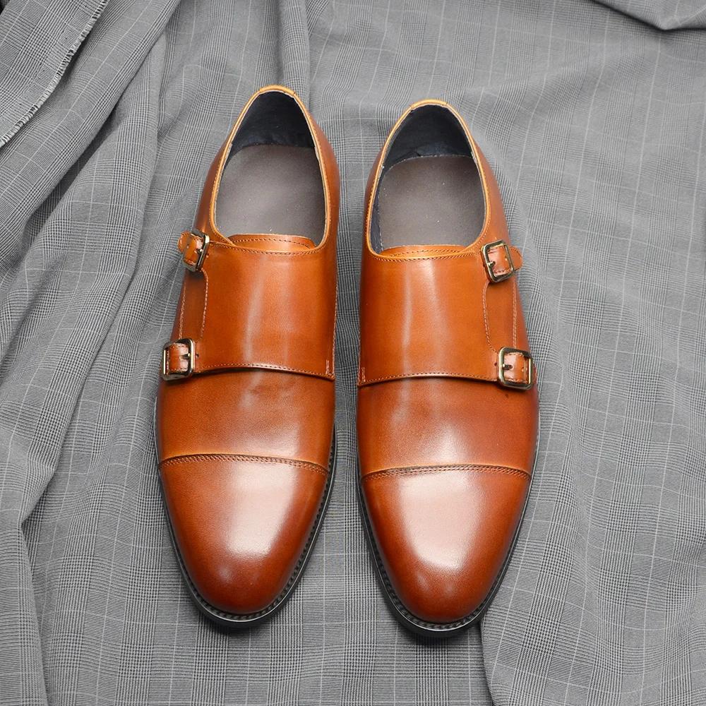 Luksusowe Męskie Ślubne Formalne Buty Skóra Naturalna Czysty Brązowy Czarny Podwójna Klamra Monk Strap Cap Toe Biznesowe Biurowe Wizytowe Buty
