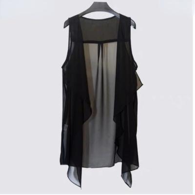 Chiffon Vests Women Holiday Street Solid Black Sweet Thin Summer All-match Fairy Outerwear Sexy Long Draped Open Stitch Vintage