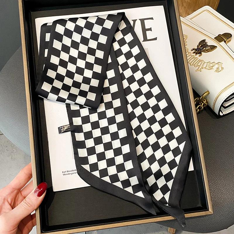 Skinny Ribbon Silk Scarfs for Women Luxury Lattice Checkerboard Print Neck Ties Hairband Bag Neckerchief Foulard Female headband