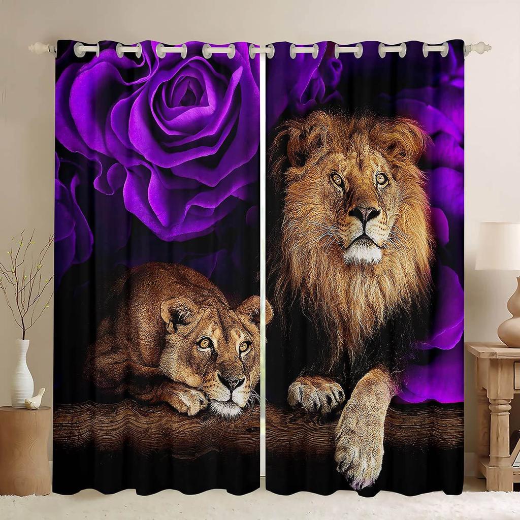 Retro Colorful Rose Animal Lion Print Curtains Living Room Study Children's Room Decorative Curtains Easy To Wash And Care 2PCS