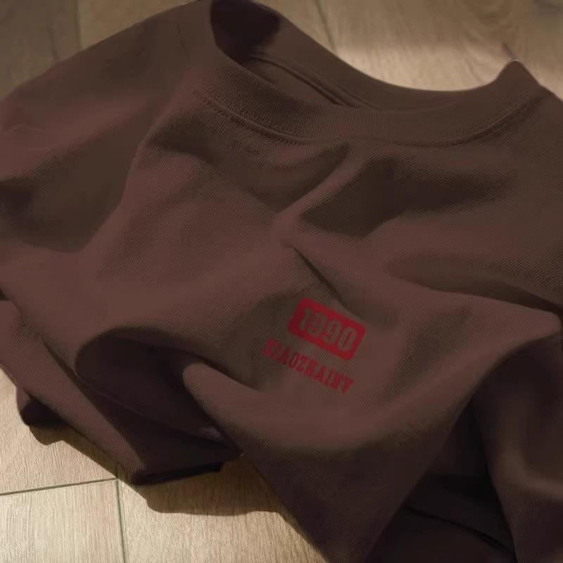 

Pure cotton Chinese style burgundy letter printing round neck short-sleeved T-shirt women s summer loose medium and long age-reducing top S [80-50 kg]