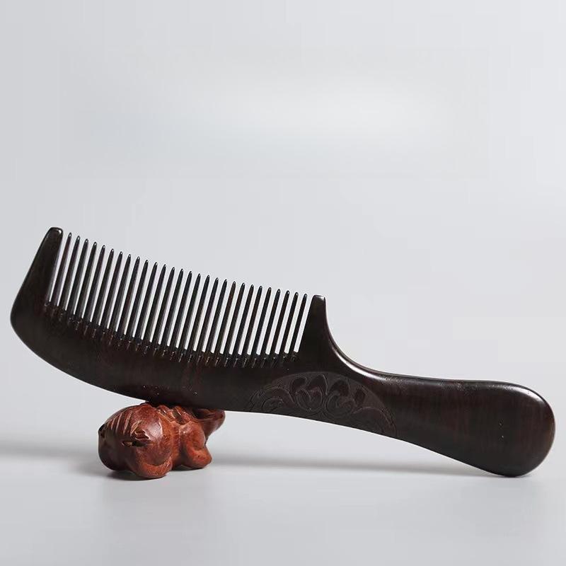 Ebony Comb, Long-handled, Densely Toothed, Double-sided Carved Whole Wood Comb