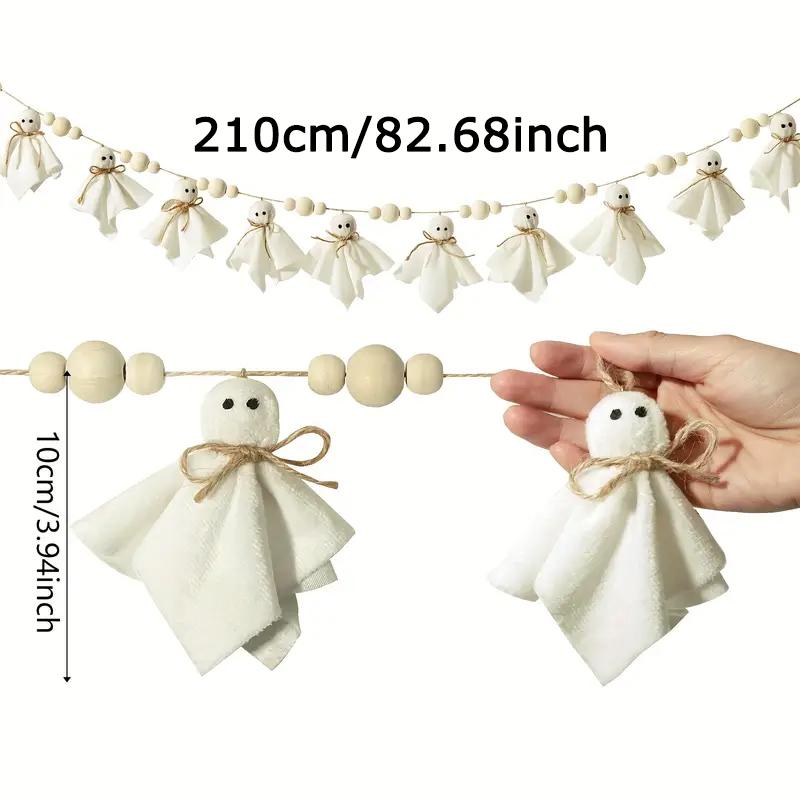 WTEMPO Handcrafted Halloween Party Banner Charming Wooden Bead & White Ghost Doll Rustic Garden Indoor Outdoor Festive Garland for Spooky Season