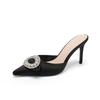 High Heel Pointed Toe Satin Rhinestone Sandals Thin Heel Round Buckle Women Shoes