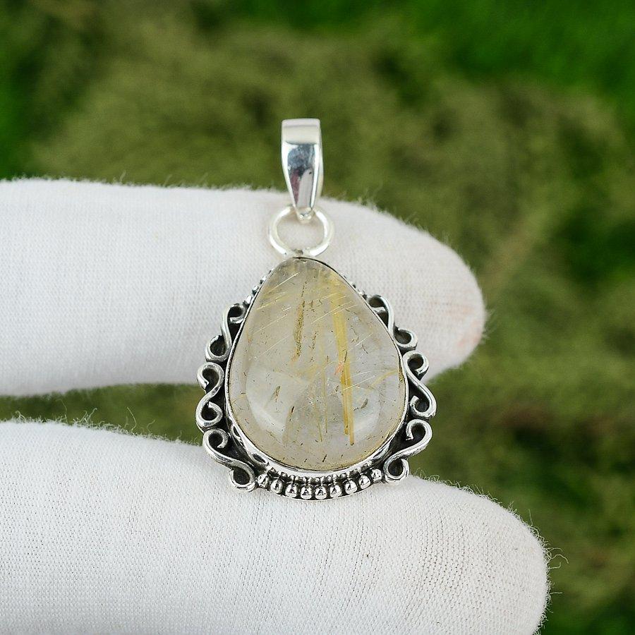 925 Silver Pear Natural Golden Rutile Unique Anniversary Wedding Pendant Jewelry