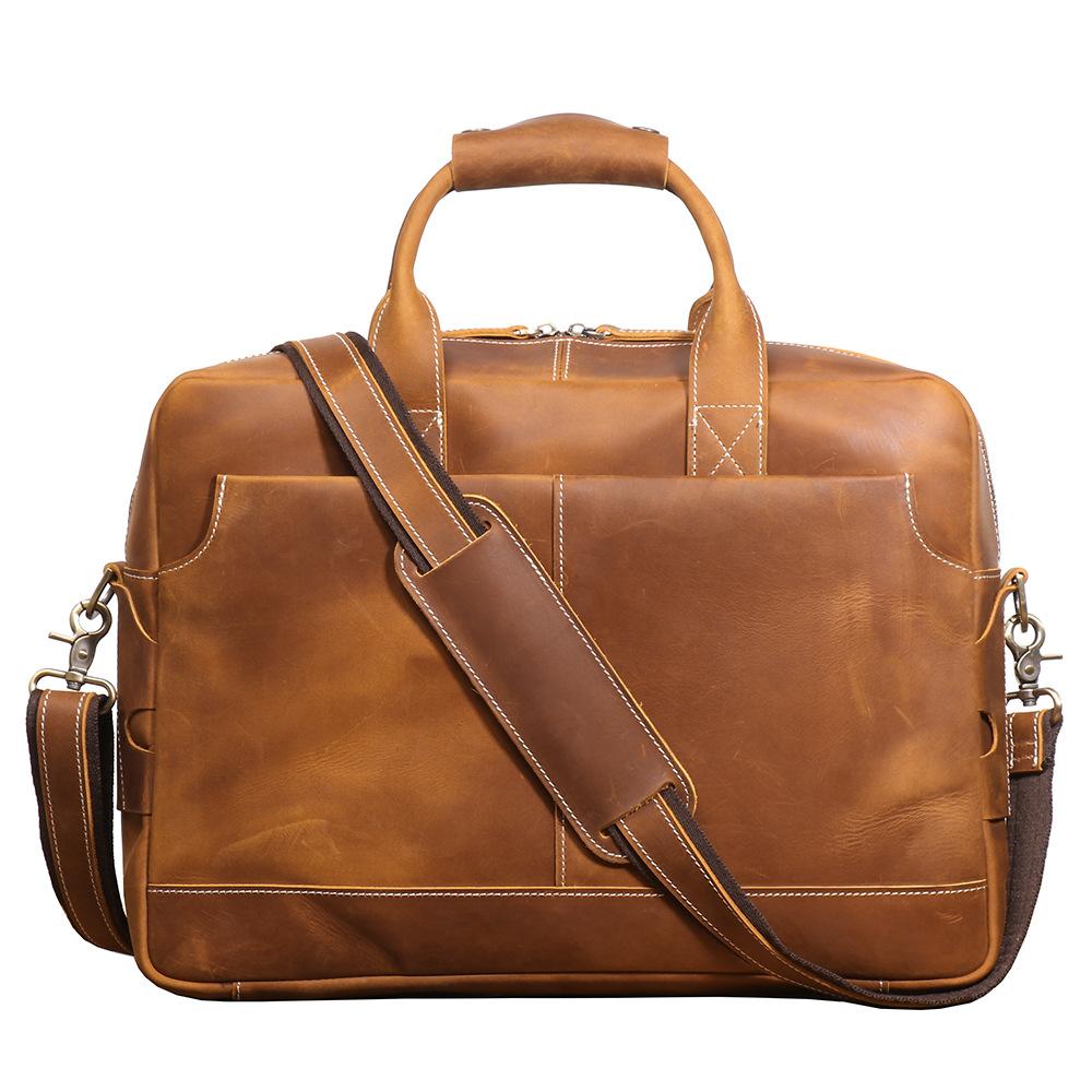 Vintage Men'S Cowhide Handbag, Crazy Horse Leather Shoulder Messenger Computer Bag, Genuine Leather Business Commuter Briefcase