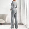 Spring Autumn Solid Slim Pajamas Homewear Set Sexy Square Neck Two-piece Pj Sets Long-Sleeve Tops and Long Pants Gray Sleepwear
