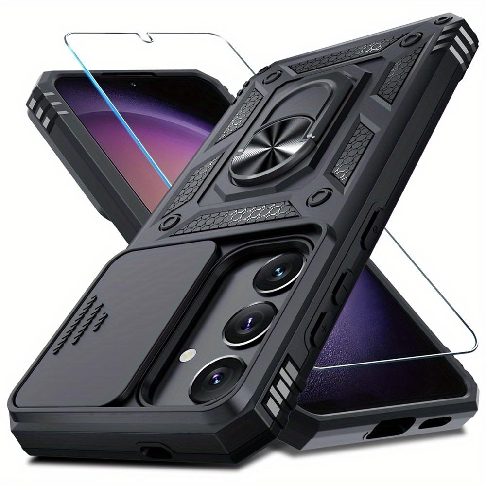 Schutzhülle für Samsung Galaxy S25 S24 Ultra S23 Plus S22 S21 S20 FE 5G mit einem Displayschutz aus gehärtetem Glas, Ring-Kickstand, Schiebekameraabdeckung