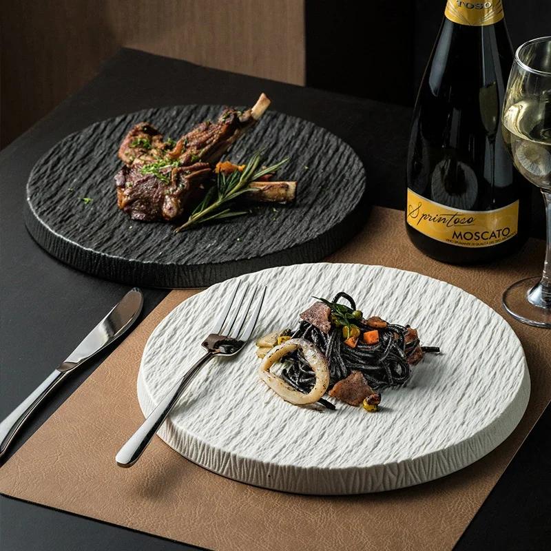 Creative Western Tableware Ceramic Round Steak Pasta Plate Kitchen Utensils Fine Cooking Dishes Black Stone Grain Flat Plate