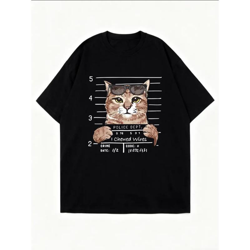 Oversize Women's Short-Sleeve T-Shirt with Sunglasses-Wearing Cat Mugshot Print and "I chewed wires" Text