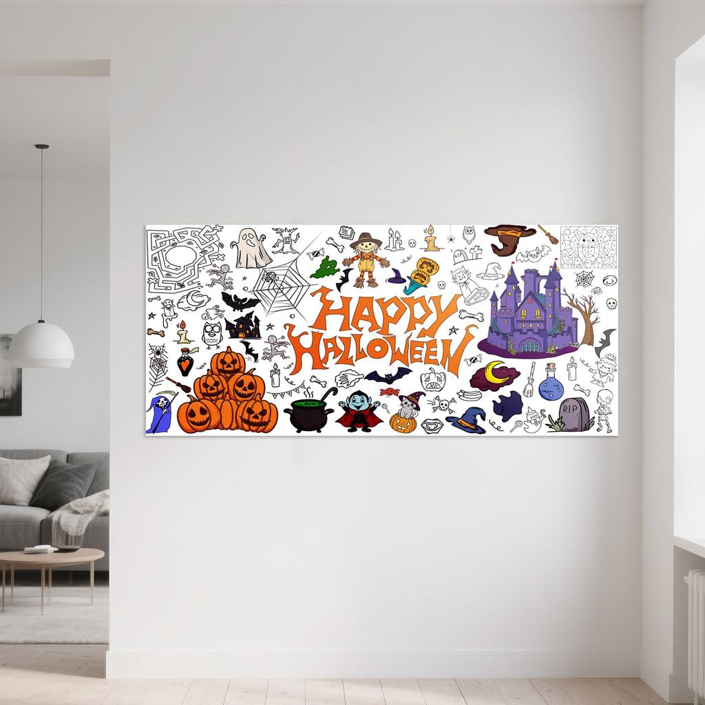 Halloween Coloring Poster Kids Pumpkins Castle Cute Background Decoration, Waterproof Coloring Paper Tablecloth, Halloween Decoration