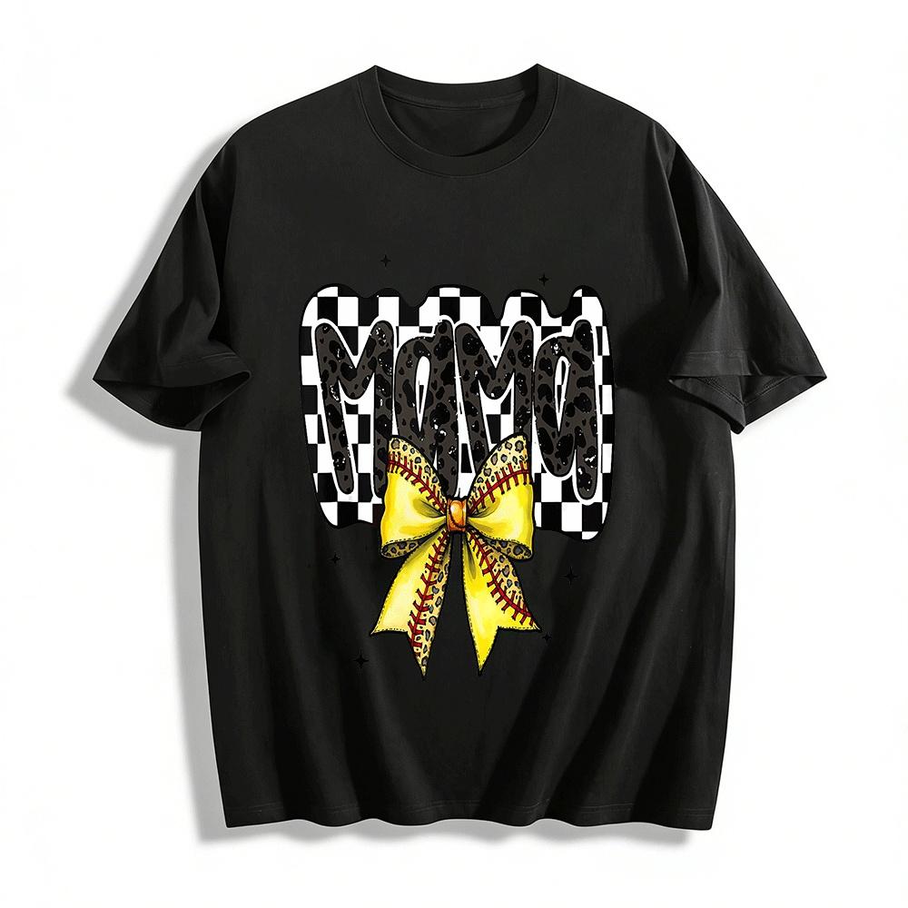 Leopard Checkerboard MAMA Bow Softball Style Casual Top Pure cotton T-shirt XXS