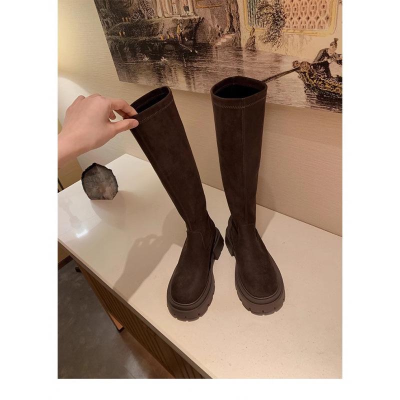 Grape Mother of the Same Style, Versatile Round Head Thick Sole Heightened Thick Heel Legs Straight Thin Suede Boots Autumn and Winter Women's Over-th