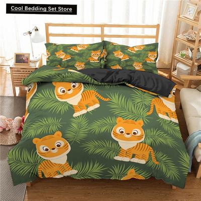 Jungle Animal Duvet Cover King Queen Tropical Plants Palm Leaves Bedding Set Kids Tiger Wildlife 2/3pcs Polyester Quilt Cover