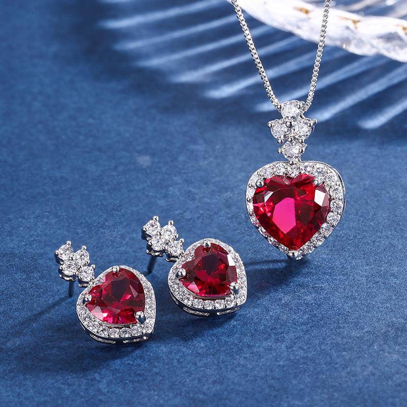 Jewelry Colored Treasure Simulation Red Glass Diamond Jewelry Set Stud Earrings Main Stone 9 * 92 Pendant Necklace 12 * 12