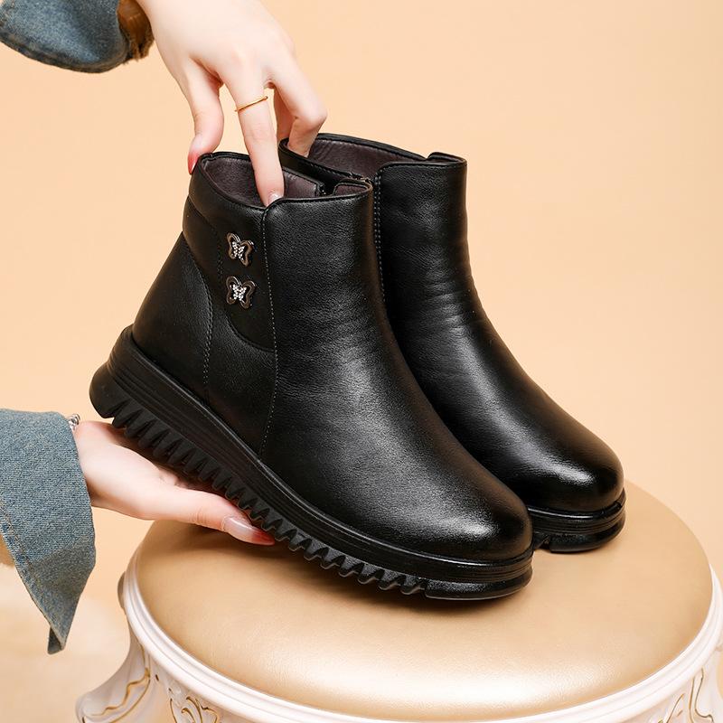 Microfiber Leather Mother Cotton Shoes Winter Velvet Warm Middle-aged and Elderly Women Flat Boots Non-slip Side Zipper for the Elderly