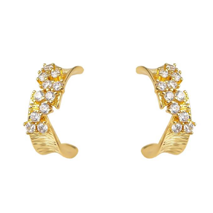 18k Gold-Plated Geometric Textured Zircon C-shaped Earrings - Elegant High-End Design for Women