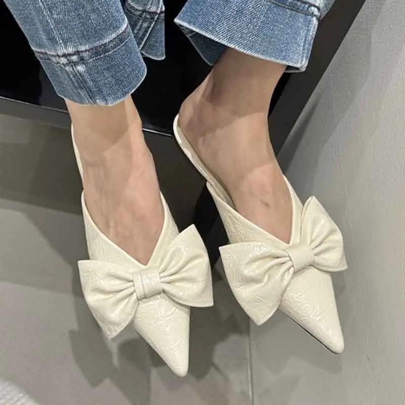 Fashion Bow Pointed Toe Women Slippers Flats Elegant Mules Shoes Luxury Women's Sandals 2025 Summer Fashion Slides Party New Woman Shoes