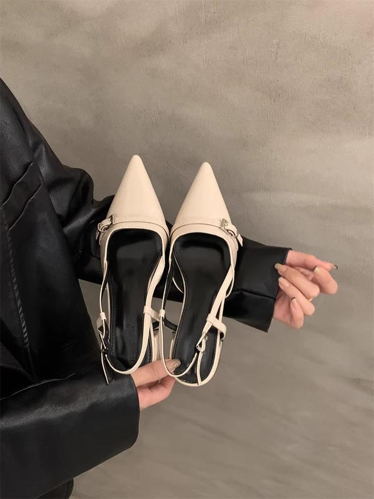 Thick heel shallow mouth bag head sandals empty women's shoes spring and summer 2025 new patent leather pointed middle heel with skirt single shoes
